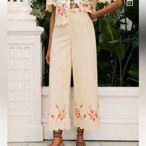 Sezane Cream Cropped Pants with Floral Embroidery
